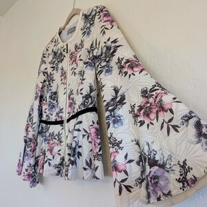 Floral Perforated Faux Leather Jacket Peplum Bell Sleeves Chic Elegant Statement